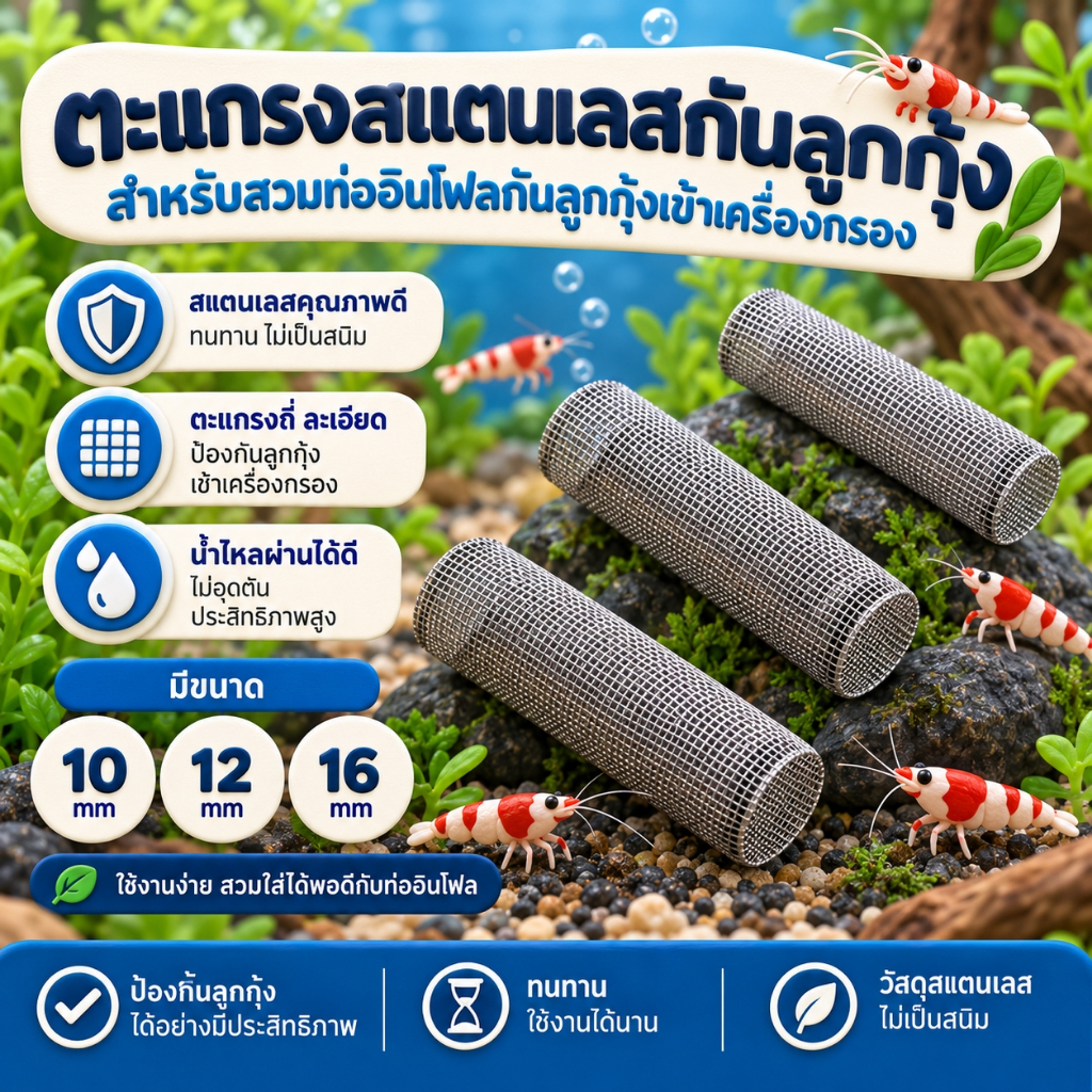 Ebi-VN ตะแกรงสแตนเลสกันลูกกุ้งสำหรับสวมท่ออินโฟล ป้องกันไม่ให้ลูกกุ้งลงไปในช่องกรอง