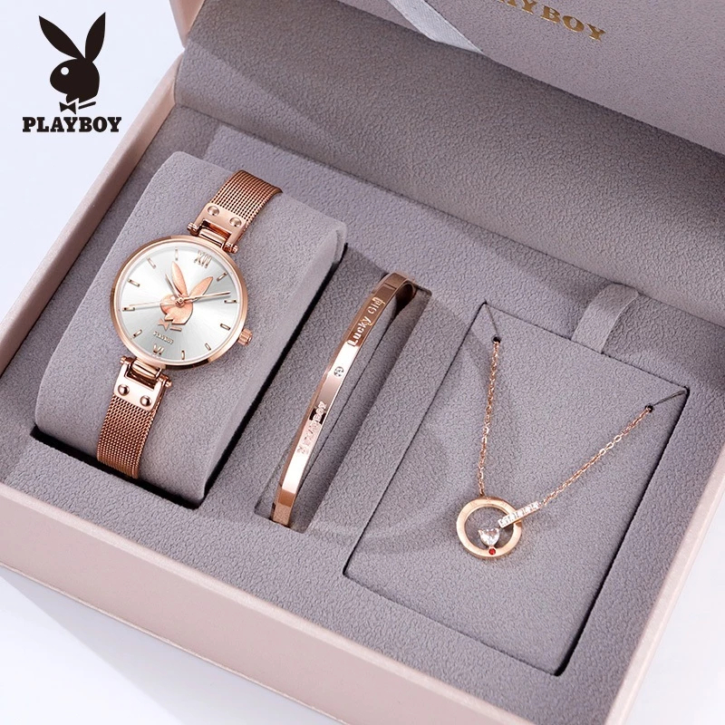 PLAYBOY ชุดนาฬิกาข้อมือ กันน้ำ 100% สายเซรามิค สเตนเลส สร้อยคอ กำไล ของขวัญวันวาเลนไทน์ สำหรับผู้หญิง ของขวัญวันเกิด