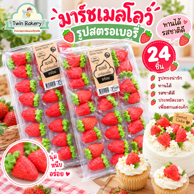 พร้อมส่ง มาชเมลโล่ รูปสตอวเบอรี่ ทานได้