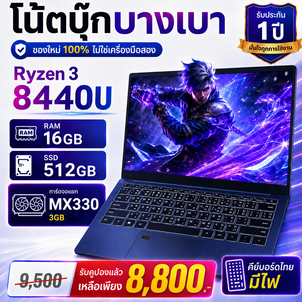 โน้ตบุ๊ค AMD Ryzen 3 8440U RAM 16GB SSD 512GB จอ 15.6" FHD IPS คีย์บอร์ดภาษาไทย การ์ดจอแยก MX330 รับประกัน 1 ปี