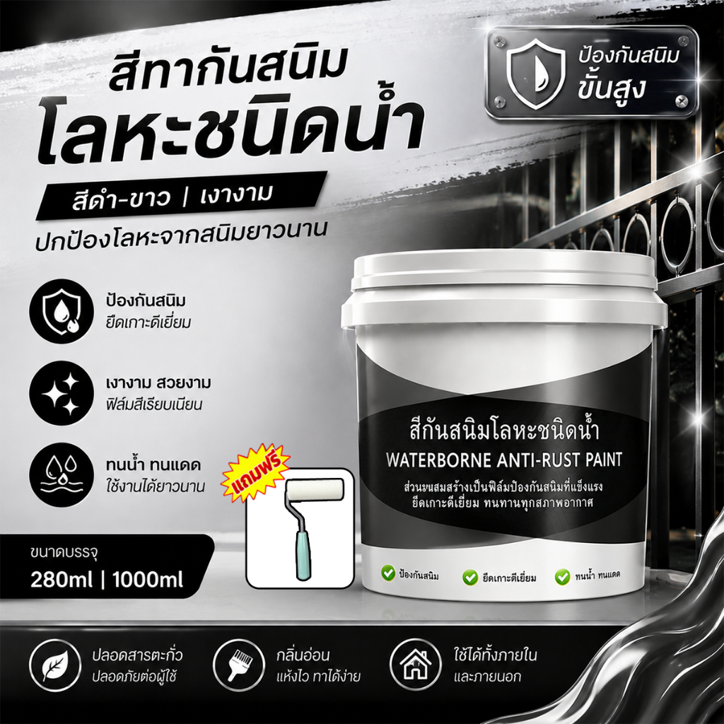 สีกันสนิมโลหะชนิดน้ำ สำหรับพื้นผิวโลหะทุกชนิด กันน้ำและกันสนิม อายุขัยยาวนานถึง 100 ปี 280ml 1000ml