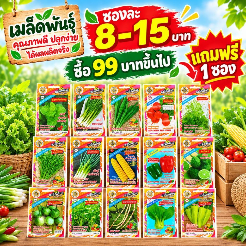 เมล็ดผักสวนครัวสี่ทิศ ซองละ 8-15 บาท ซื้อ 99 บาทขึ้นไป แถมฟรี 1 ซอง ออกใบกํากับภาษีได้