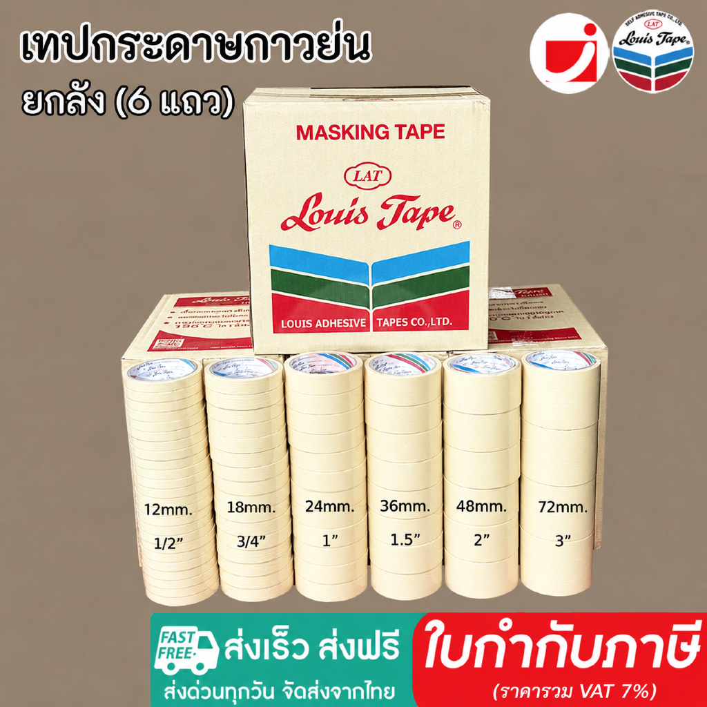 ส่งฟรี [ยกลัง]เทปย่น Louis Masking Tape กระดาษกาวฉีกได้ เทปกาวย่น กระดาษกาว เทปหนังไก่ งานทาสี พ่นสี มีเคลือบกันซึม