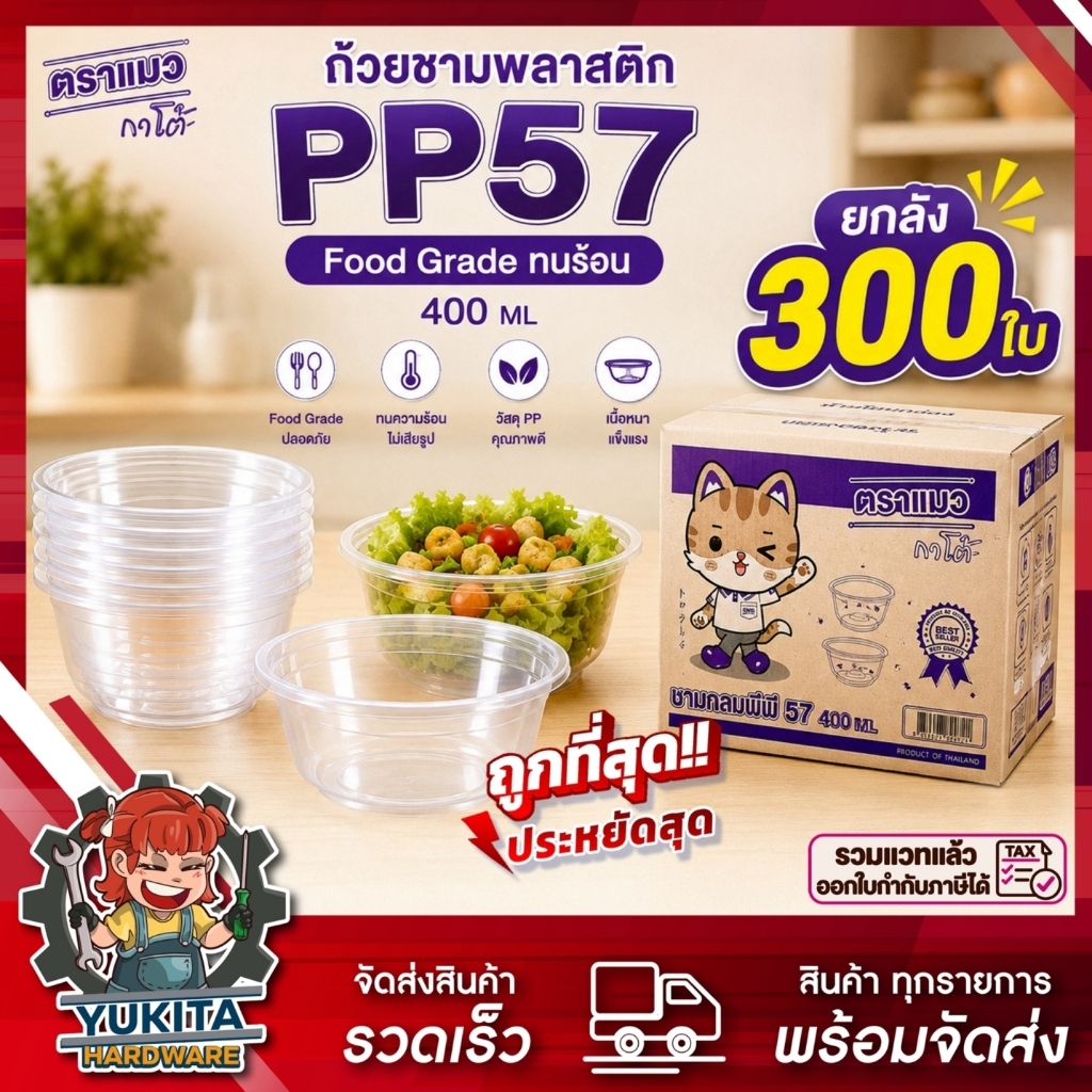 ถ้วยชามพลาสติก PP57 *ลังม่วง* 400ml ยกลัง 300ใบ ใส่อาหาร Food Grade ทนร้อน ราคาส่ง ถูกที่สุด