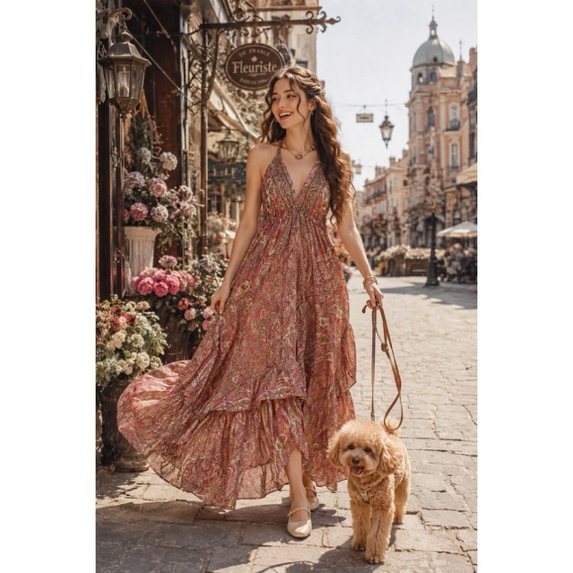 Maxi Dress เดรสยาว เดรสชายระบาย ผ้าไหมอินเดีย โบฮีเมียน ชุดใส่ไปทะเล