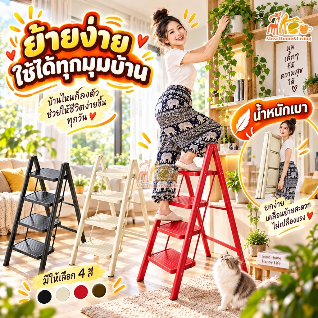 บันได บันไดพับได้ มี4สีให้เลือก น้ำหนักเบา ย้ายได้สะดวก ประหยัดแรงงาน รับน้ำหนักได้300กก.  ทนทาน  แป้งเหยียบกว้างขึ้น