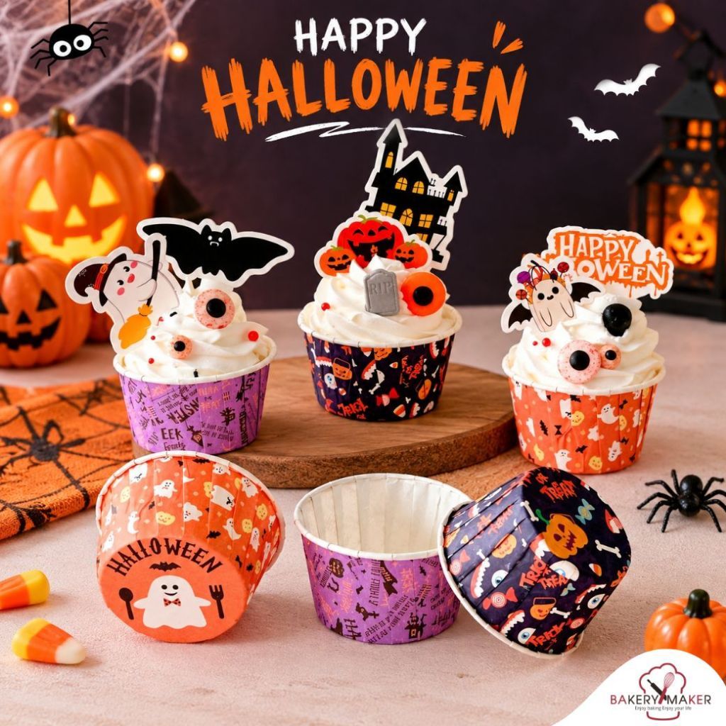 ถ้วยคัพเค้ก 50 ใบ คละ 3 ลาย (ไม่รวมป้ายปัก) ถ้วยปากม้วน ฮาโลวีน / Halloween Cupcake กระทง กระดาษ
