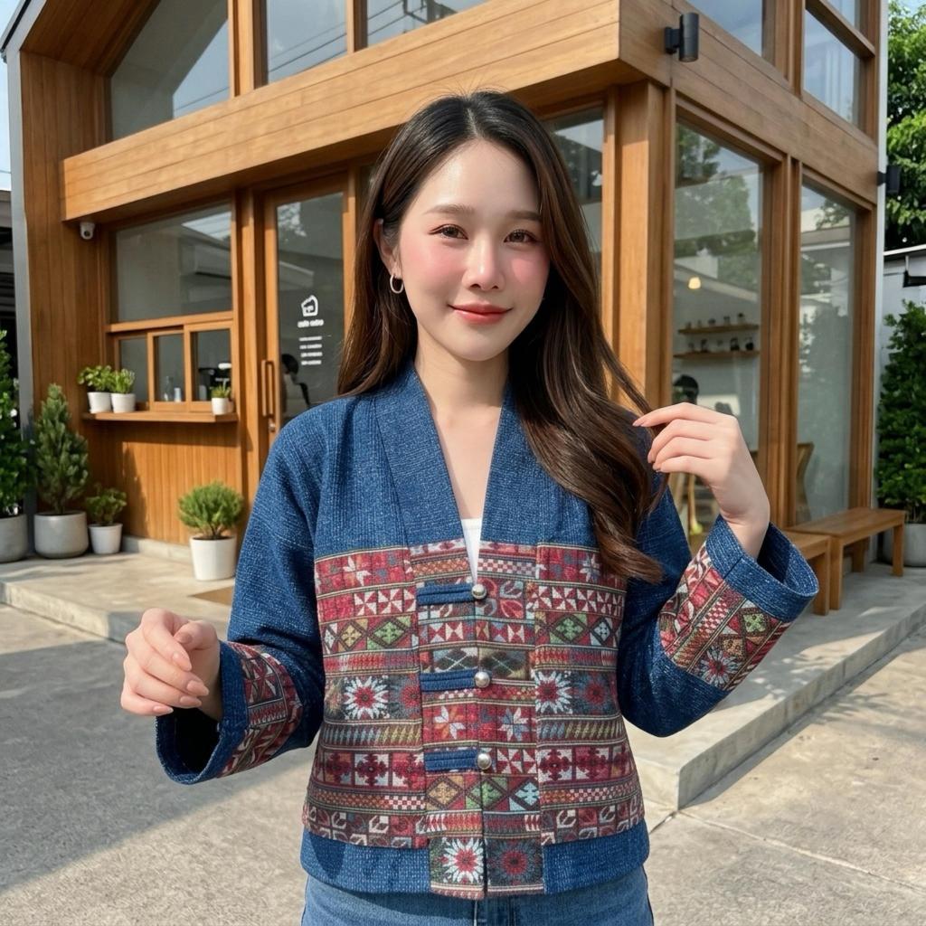 เสื้อคลุมผ้าฝ้ายฟอกสโตนวอส กระดุมเงิน แต่งเทปผ้าทอ มีกระเป๋าข้าง เนื้อนุ่มใส่สบาย
