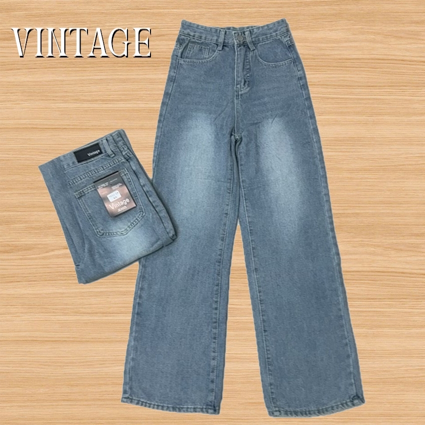 Vintage รุ่น 7932-1 กางเกงยีนส์ ทรงกระบอก แต่งเฟดขา สีฟ้าอ่อน ทรงสวยผ้าไม่ยืด