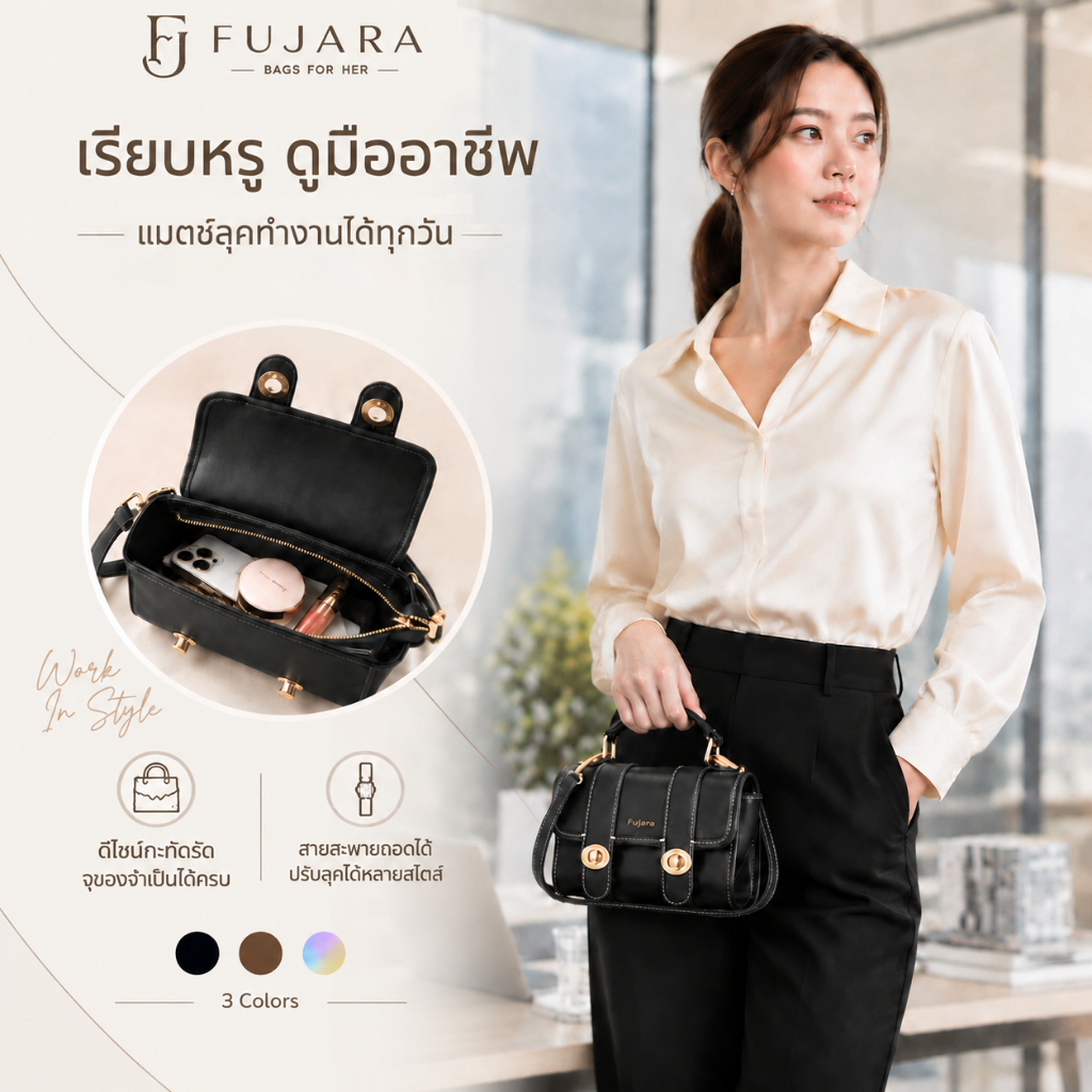 FUJARA กระเป๋าสะพายข้างผู้หญิง แบบฝาปิด กระเป๋าถือเคมบริดจ์ สไตล์อังกฤษ  สะพายไปทำงาน ทำงานประจำวัน