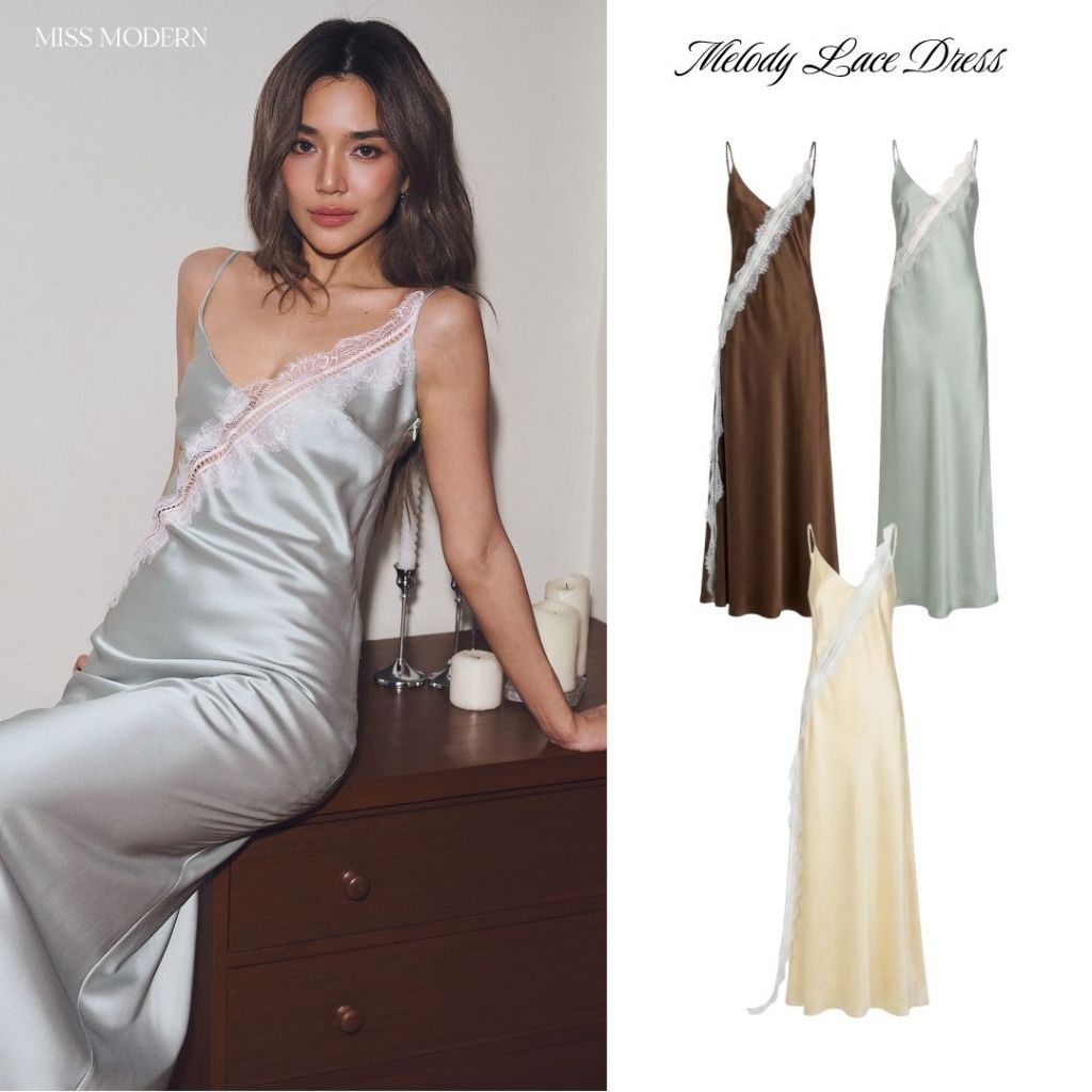 MISSMODERN - Melody Lace Dress ชุดเดรสยาวผ้าซาติน แต่งคาดลูกไม้