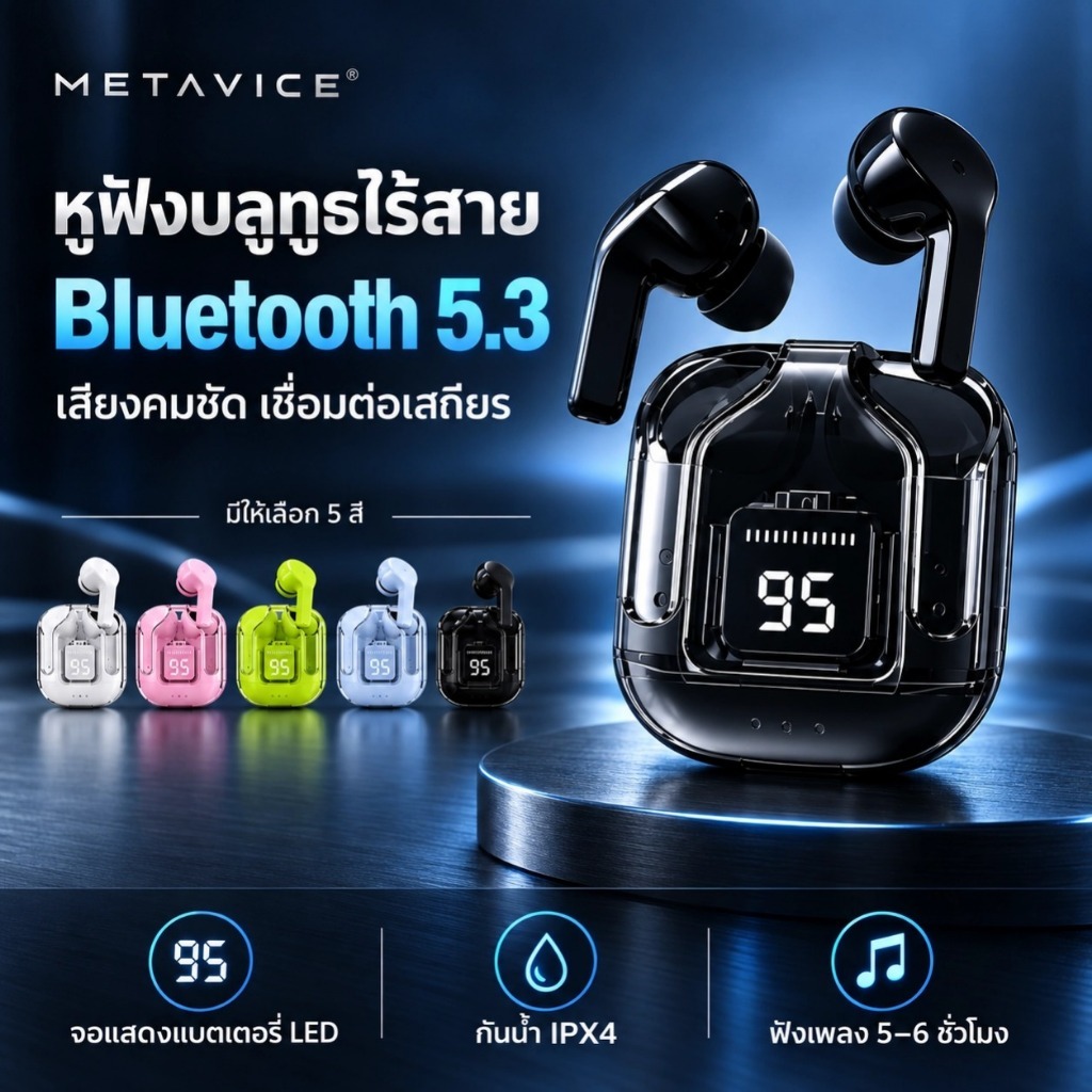 หูฟังบลูทูธไร้สาย TWS Bluetooth 5.3 หูฟังไร้สาย พร้อมเคสชาร์จ จอ LED แสดงแบตเตอรี่ กันน้ำ IPX4
