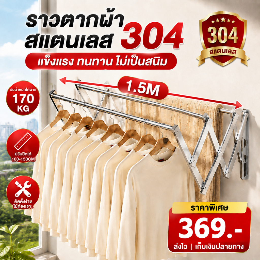 โปรจำกัดเวลา ราวตากผ้าติดผนัง ไม่เป็นสนิม ยืดหดได้ง่าย รับน้ำหนัก 170 กก ราวตากผ้าติดผนังสแตนเลส ราวตากผ้า แบบสไลด์พับ