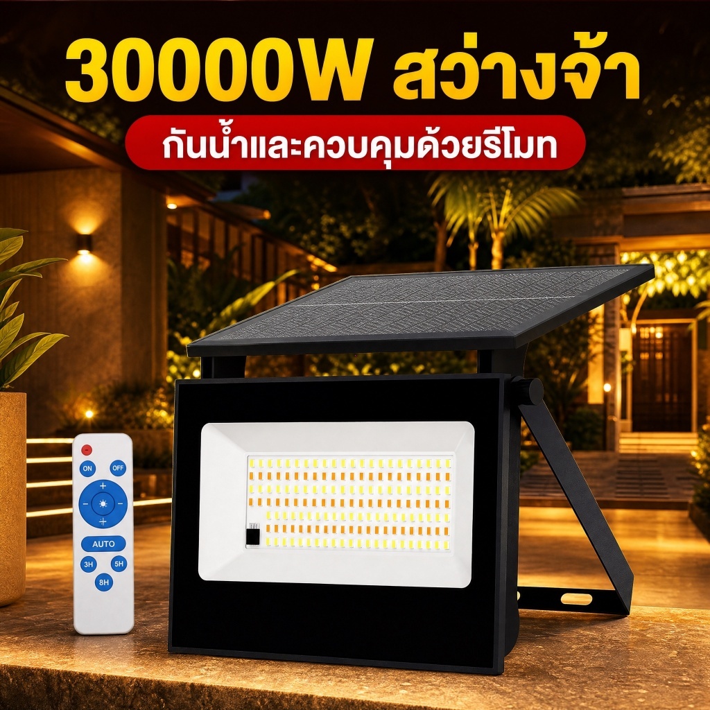 【รับประกัน30ปี】ไฟโซล่าเซลล์ 6500W Solar Light ไฟโซล่าเซล แสงสีขาว สว่างอัตโนมัติเมื่อฟ้ามืด IP67 กันน้ำกลางแจ้งกันฟ้าผ่า