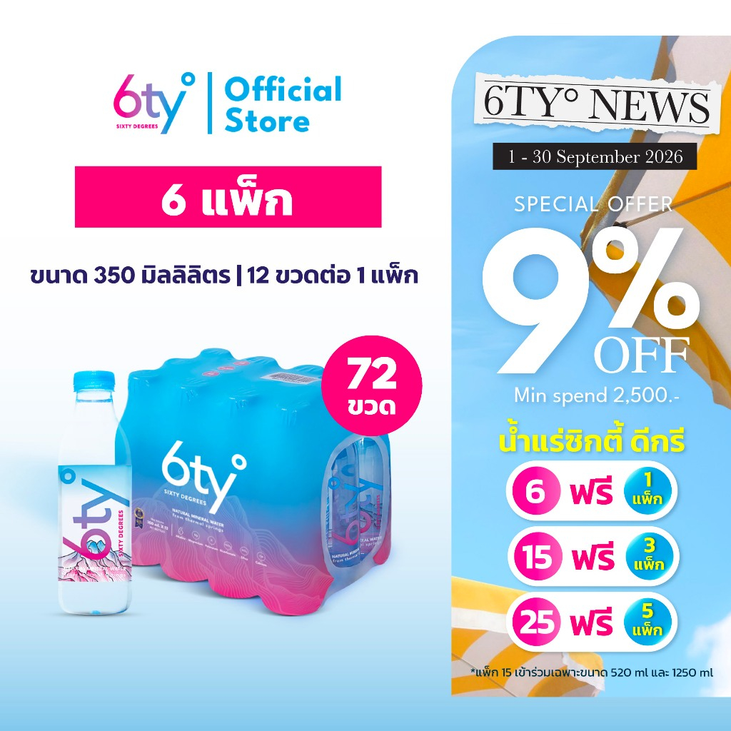 [6 แถม 1][ส่งฟรี] 350ml 6 แพ็ก 72 ขวด นํ้าแร่ 6ty Degrees Mineral Water น้ำแร่ธรรมชาติ 100% จากแหล่งน้ำแร่เชียงดาว