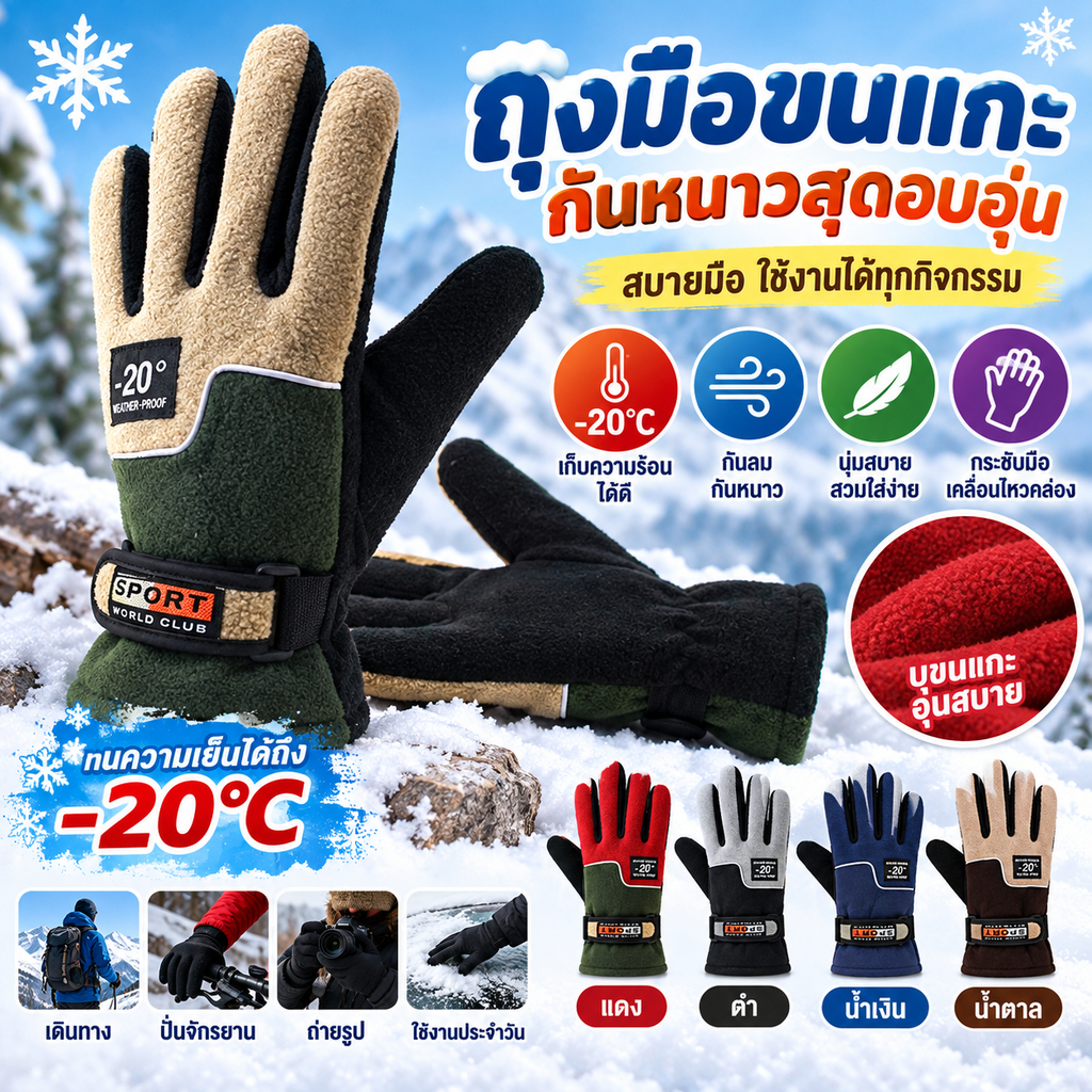 ถุงมือขนสัตว์ ถุงมือหนา ถุงมือใส่สบาย ถุงมือที่ให้ความอบอุ่นได้ถึง -20°C ในฤดูหนาว หนาและกันลม เหมาะสำหรับการปั่นจักรยาน