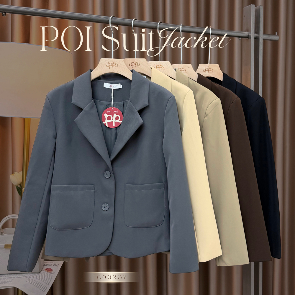 POI เสื้อสูทตัวยาวคอปกกระดุมหน้าแต่งกระเป๋าสีพื้น ดำ น้ำตาล ไมโล เทา ครีม ยาว 25-27 นิ้ว C002G7