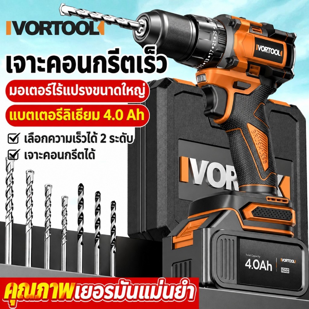 VORTOOL สว่านไร้สาย 4815 มอเตอร์ไร้แปรงถ่าน สว่านกระแทก ไร้สาย 2 ก้อน  รองรับงานหนัก เจาะเหล็ก เจาะคอนกรีต