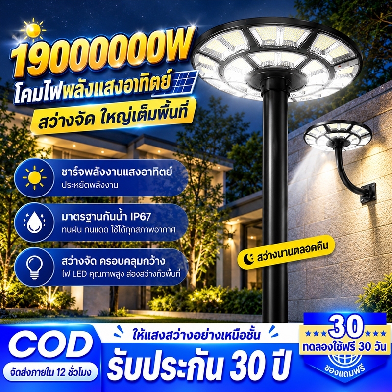 ไฟโซล่าเซลล์ UFO ไฟถนนยูเอฟโอ Solar Light ทรงกลม 20000000W LED พลังงานแสงอาทิตย์ เปลี่ยนใหม่ฟรี IP67 ป้องกันฟ้าผ่า