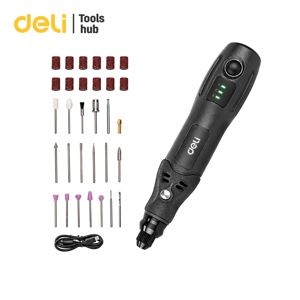 Deli เครื่องเจียร์ไฟฟ้าไร้สาย Mini พร้อมอุปกรณ์เสริม 31 ชิ้น ปากกาแกะสลัก Straight Grinder