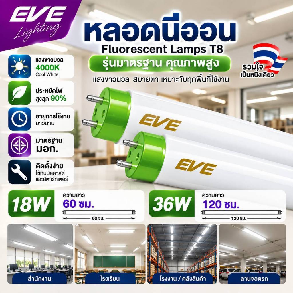 EVE หลอดนีออน ขนาด 18W ความยาว 60cm. และ 36W ความยาว 120cm. แสงวอร์ม (เฉพาะหลอด)
