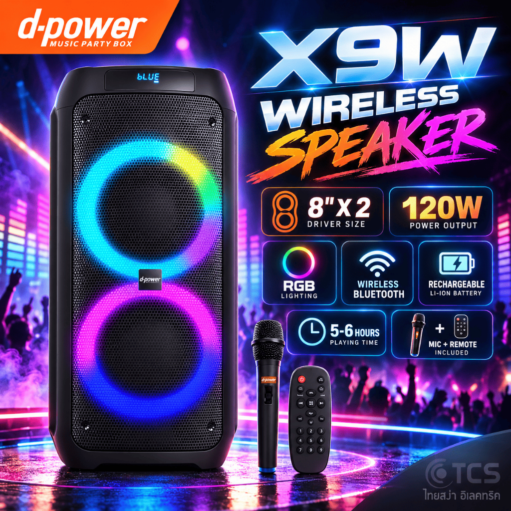 d-power ลำโพงบลูทูธ 120W ดอก 8 นิ้ว รุ่น X9W ไฟ RGB TWS ฟรีไมค์ลอย 1ตัวพร้อมรีโมท รับประกัน 1ปี