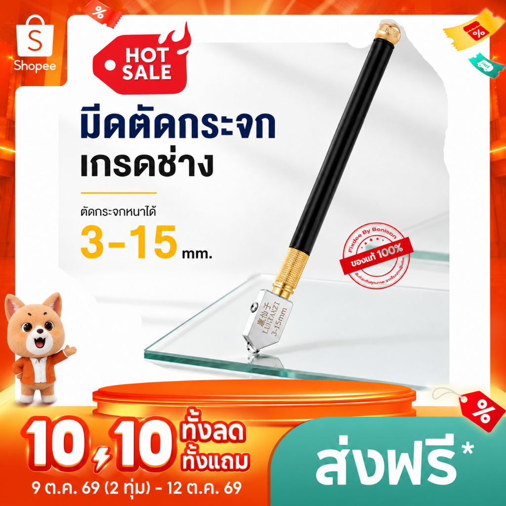 Fixdee มีดตัดกระจกอุตสาหกรรม รุ่นลูกล้ออัลลอย ตัดกระจกหนา 3-15 mm.