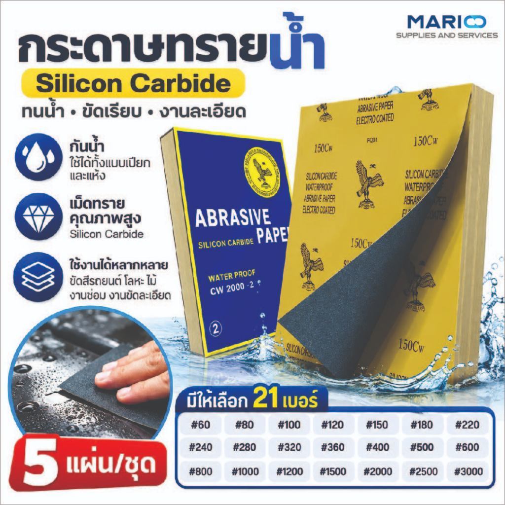 MARIO กระดาษทรายน้ำ ตรานกอินทรี Eagle Silicon Carbide ทนน้ำ ขัดสีรถ โลหะ ไม้ เบอร์ 60–3000 | 5 แผ่น/ชุด