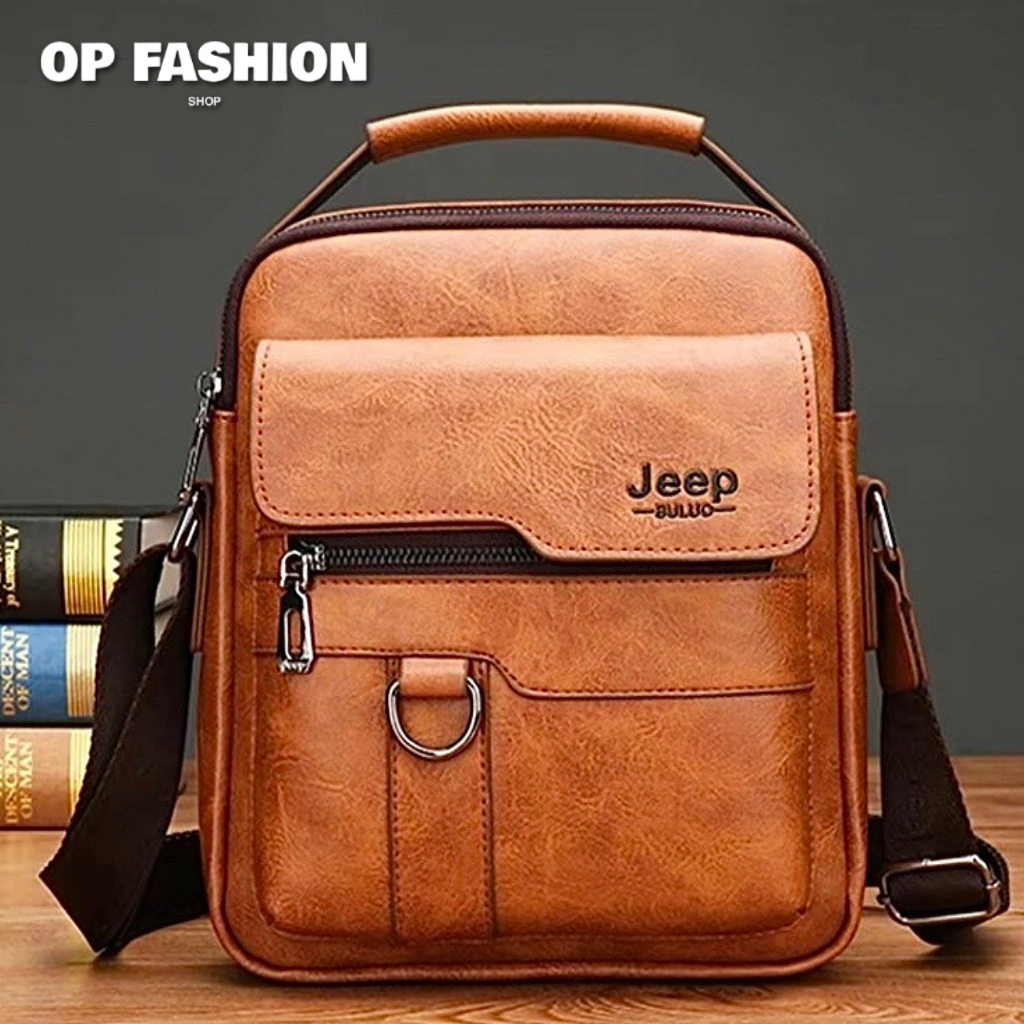 Jeep กระเป๋าสะพายสำหรับผู้ชาย กระเป๋าหนังวินเทจ ลายหนังมีซิป ทรงเมสเซนเจอร์ ถูกสุด ส่งไวในไทย