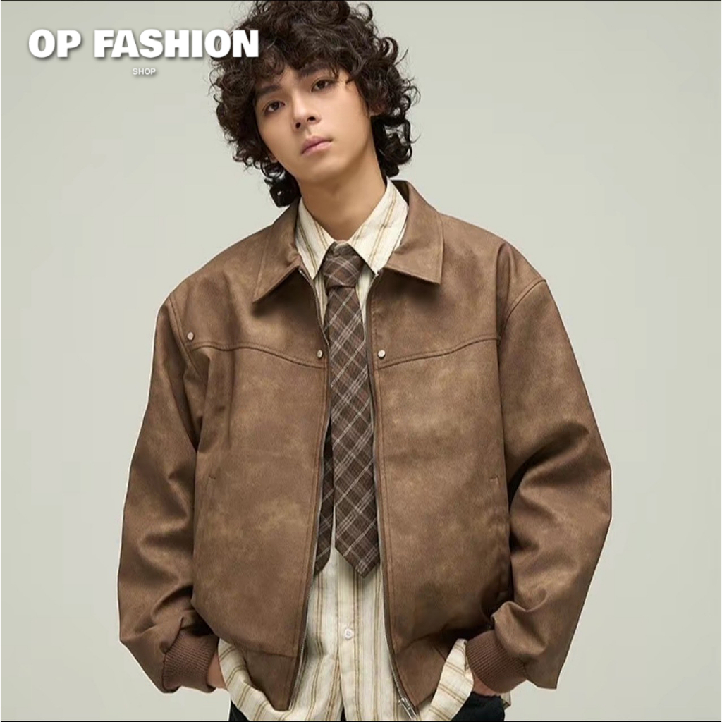 เสื้อแจ็คเก็ตหนังผู้ชาย Jacket American Retro แขนยาว วินเทจ ส่งจากไทย Clothing Man