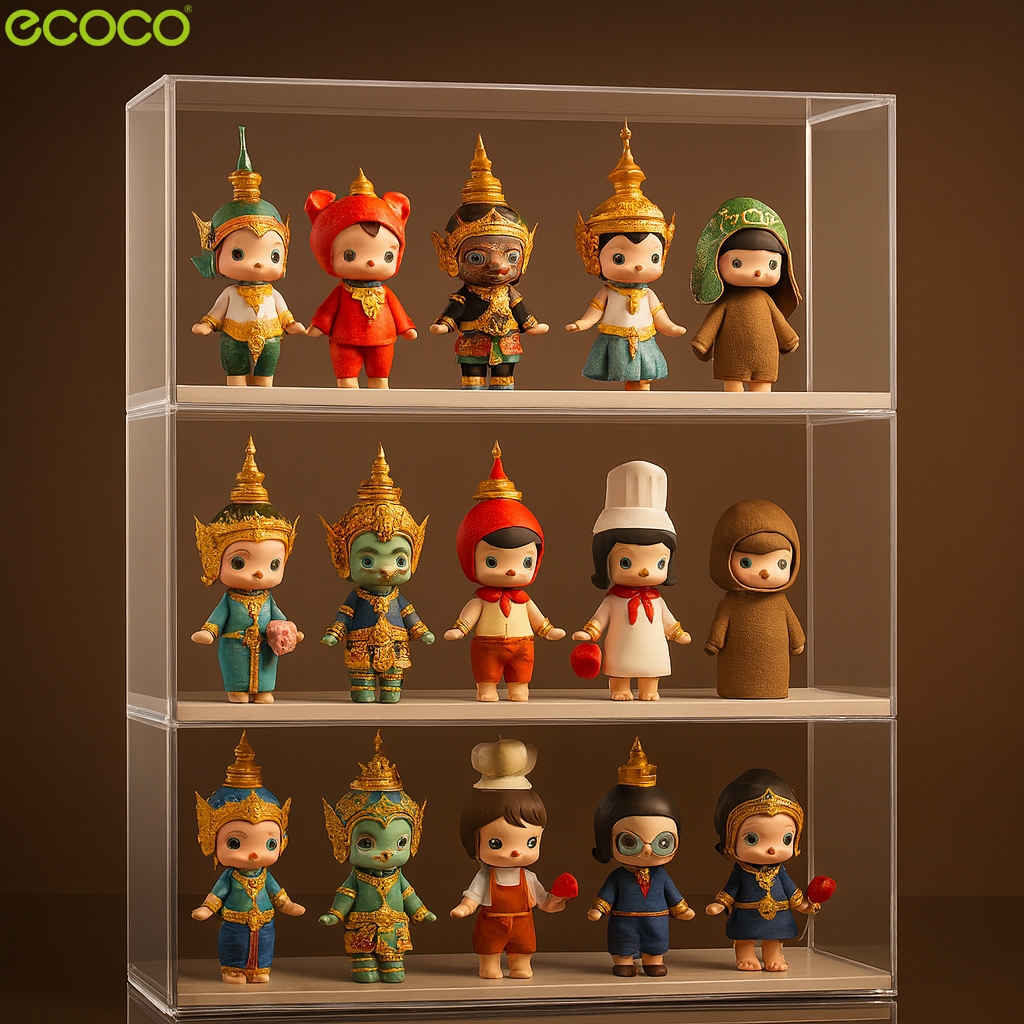 Ecoco ชั้นโชว์โมเดล ตู้โชว์ตุ๊กตา 1/2/3 ชั้น วางซ้อนกันได้ กล่องโมเดล ของสะสม ป๊อปมาร์ท ฝาครอบปิด กันฝุ่น