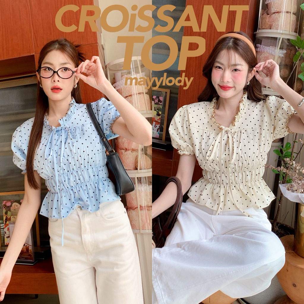 💓mayylody💓 CROiSSANT  TOP ครอปท็อป เเขนตุ๊กตา สม็อครอบตัว ลายจุดสุดฮิต 🌷🪞🌤️🍃 เสื้อลายจุด ชุดลายจุด