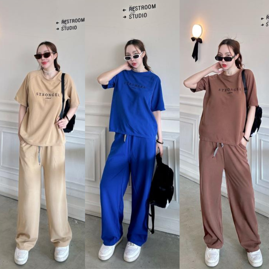เสื้อผ้าแฟชั่นผู้หญิง ชุดเซต 2 ชิ้น (เสื้อ+กางเกงขายาว)ชุด เซทสีพื้ีนเเขนสั้นของผู้หญฺิง ชุดกางเกงขายาว TZ832
