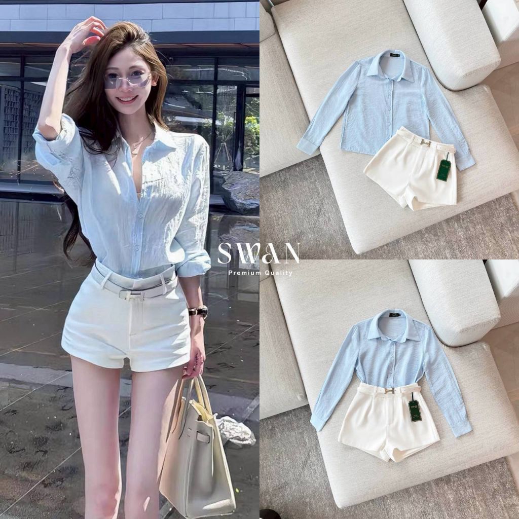 Swan Set 3 ชิ้น เสื้อ+กางเกง+เข็มขัด เสื้อเชิ้ตแขนยาวสีฟ้า เนื้อผ้ามี texture ใส่สบาย