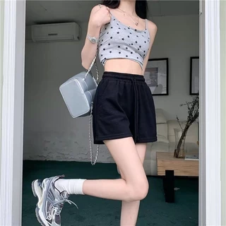 Bella shop กางเกงขาสั้นผู้หญิงหลวมๆ สไตล์เกาหลี สปอร์ตเรียบง่าย กางเกงขาสั้นเชือกผูกแบบลำลอง