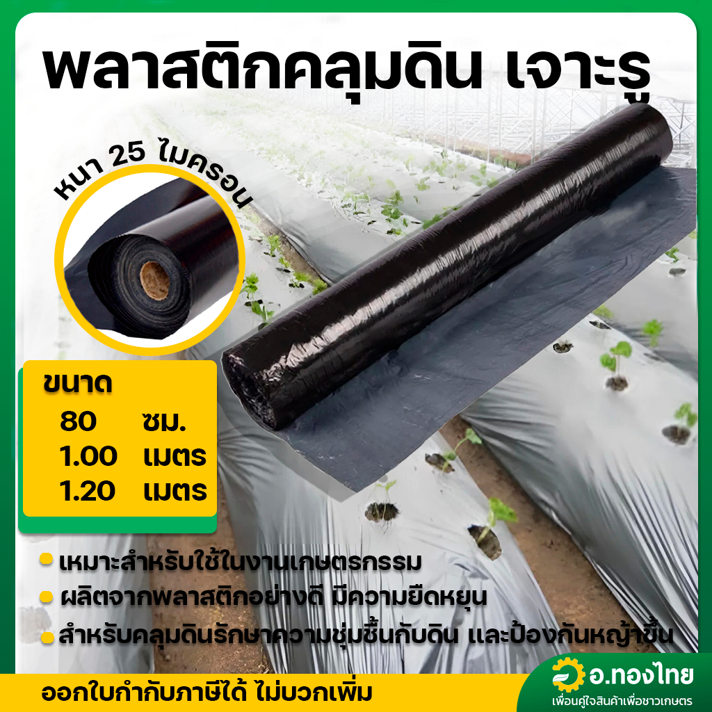 พลาสติกคลุมดิน ผ้าคลุมดิน (เจาะรู) กว้าง 80 , 100 , 120 cm ยาว 400 หลา หนา 25 ไมครอน สีดำ