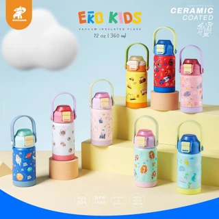 EKOZOU รุ่น EKOKIDS ขวดน้ำสแตนเลส 304 เคลือบเซรามิก ขนาด 360 มล. (12oz) ฝาสองชั้น มีหลอดดูดและหูหิ้ว ยางรองก้นขวดในตัว