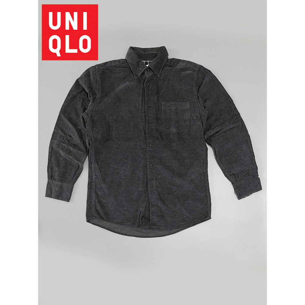 Uniqlo เสื้อเชิ้ตแขนยาว ผ้าลูกฟูก สีเทาดำ (มือ2) ของแท้