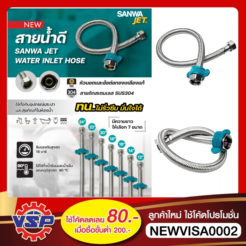 SANWA สายน้ำดีสแตนเลส ยาว 12'' , 14'' , 16'' , 18'' , 20'' , 22'' , 24'' ราคา / 1 เส้น