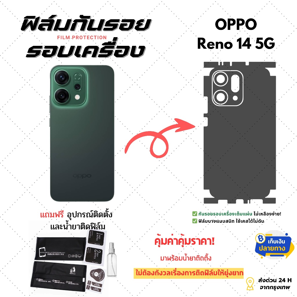 ฟิล์มกันรอยด้านหลังและขอบข้าง Oppo Reno 14 5G | ฟิล์มบางพิเศษ ไม่อมความร้อน ติดแน่น ไม่ดีดขอบ