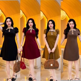 R62 ชุดเดรสสีพื้น-กระโปรงบานเสื้อแขนสั้นคอปก เรียบหรู