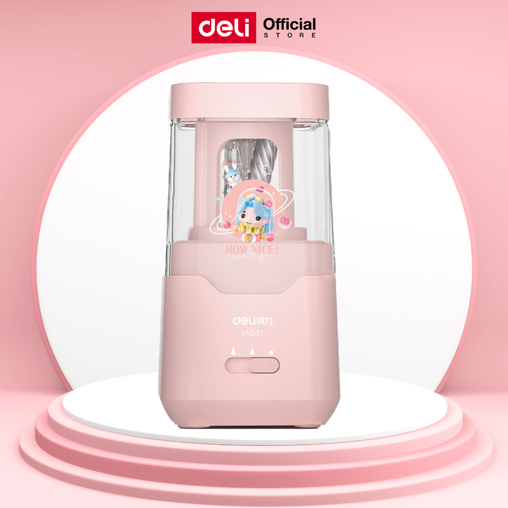 เครื่องเหลาดินสอไฟฟ้า Deli รุ่น VA201 ใช้พลังงานถ่าน กบเหลาดินสออัตโนมัติสีชมพู (จำหน่าย 1 เครื่อง)