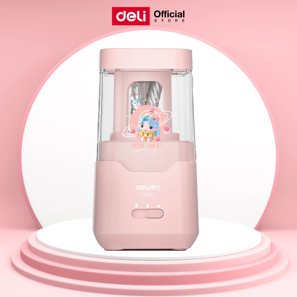 เครื่องเหลาดินสอไฟฟ้า Deli รุ่น VA201 ใช้พลังงานถ่าน กบเหลาดินสออัตโนมัติสีชมพู (จำหน่าย 1 เครื่อง)