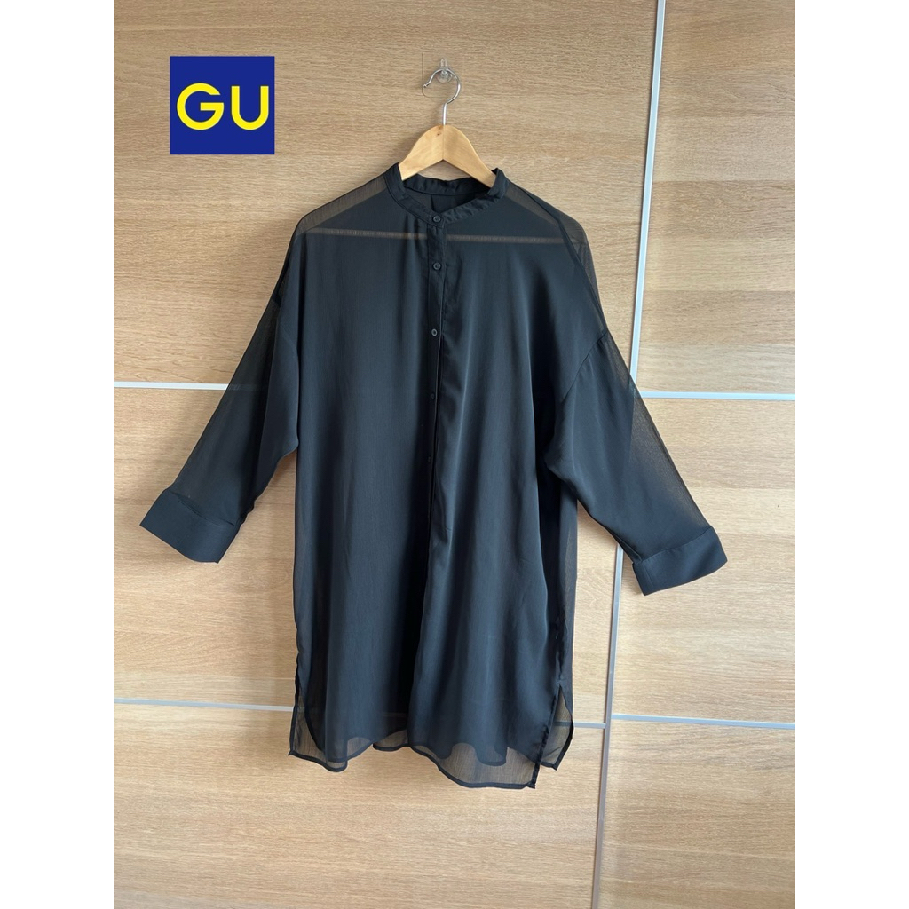 GU x M x poly dress shirt คอจีนสีดำ ผ้าบางสวยใส่สบาย อก 48 ยาว 37 ใส่คลุมได้ Code: 5095(8)