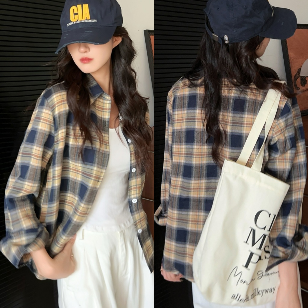เสื้อเชิ้ตโปโลคอปกลายสก๊อตย้อนยุคผู้หญิงเสื้อเชิ้ตแขนยาวหลวมสไตล์เกาหลีสีน้ำตาล เสื้อน่ารักๆ ผู้หญิง#a93