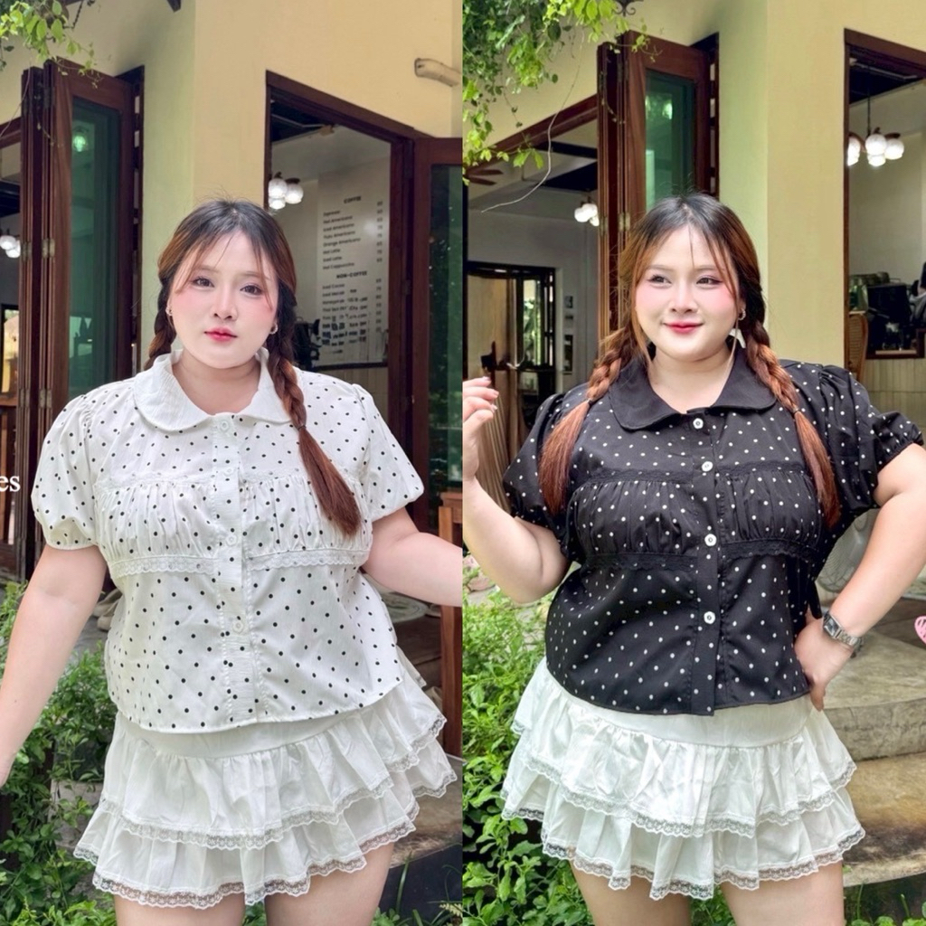 Love เสื้อเชิ้ตคอบัว polka dot อก38-52นิ้ว เสื้อสาวอวบ plussize