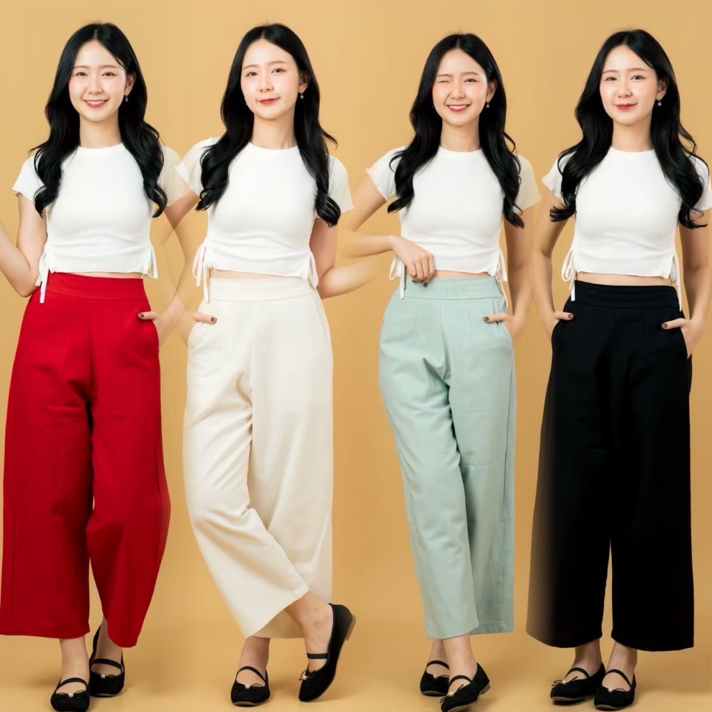 กางเกงขายาว สีพื้นผ้าฝ้าย สไตล์มินิมอล มีกระเป๋า2ข้าง