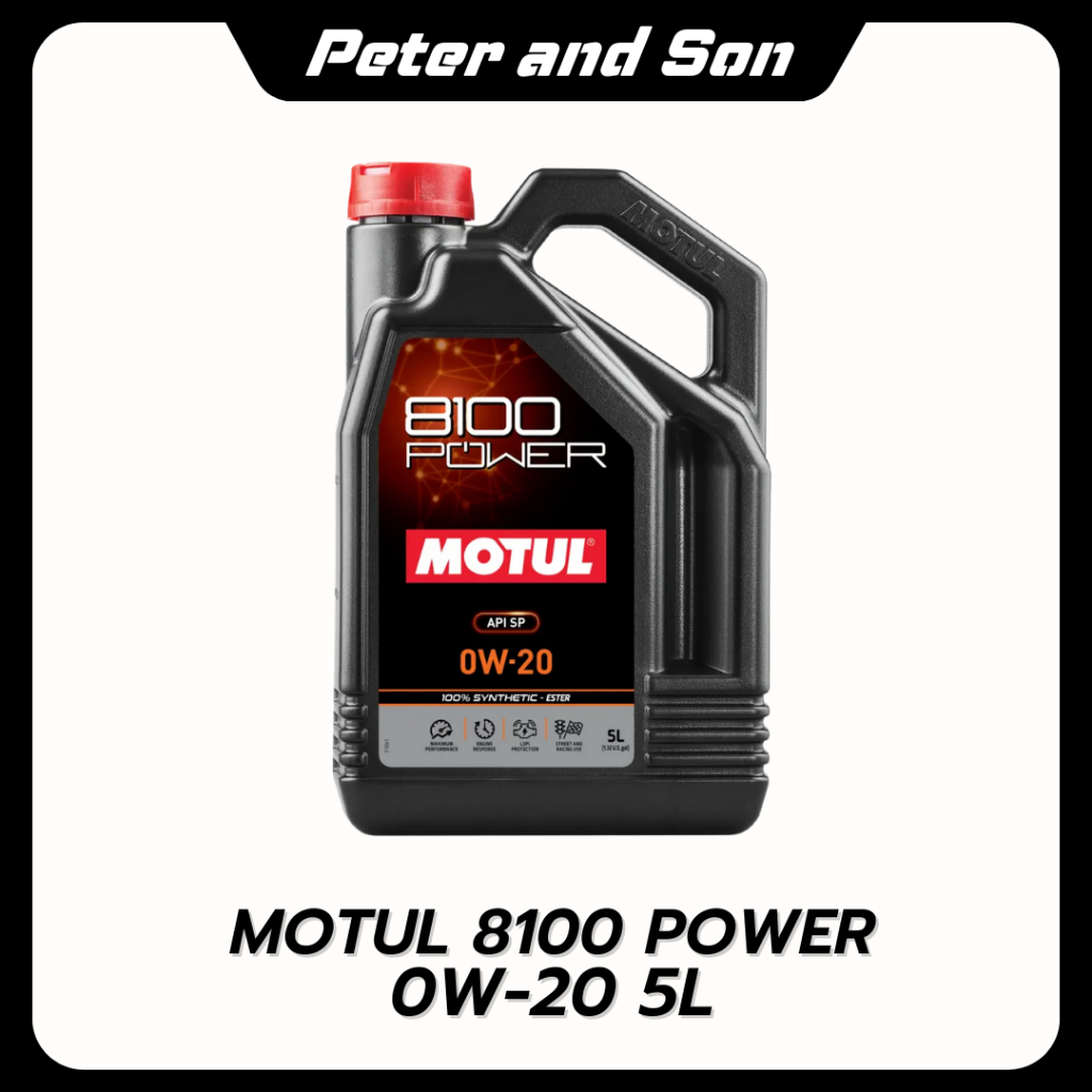 MOTUL  น้ำมันเครื่องสังเคราะห์แท้ 100% สูตรเอสเตอร์ Motul 8100 POWER 0W20 SN PLUS 5L +กรองทักแชท