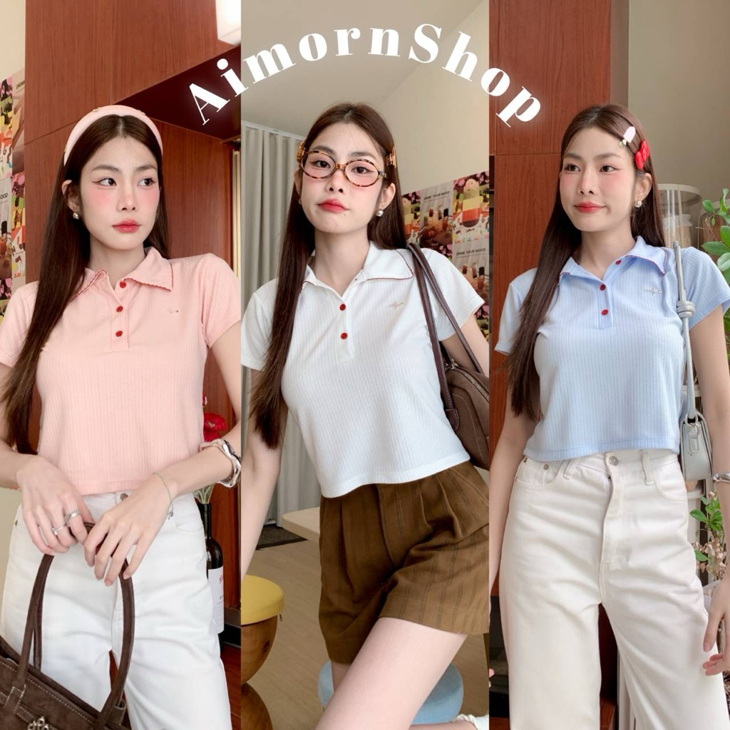 🔥aimorn_shop🔥เสื้อคอปก ครอปแขนสั้น ผ้าร่องเล็ก งานยืดหยุ่น ผ้านิ่มใส่สบายมาก