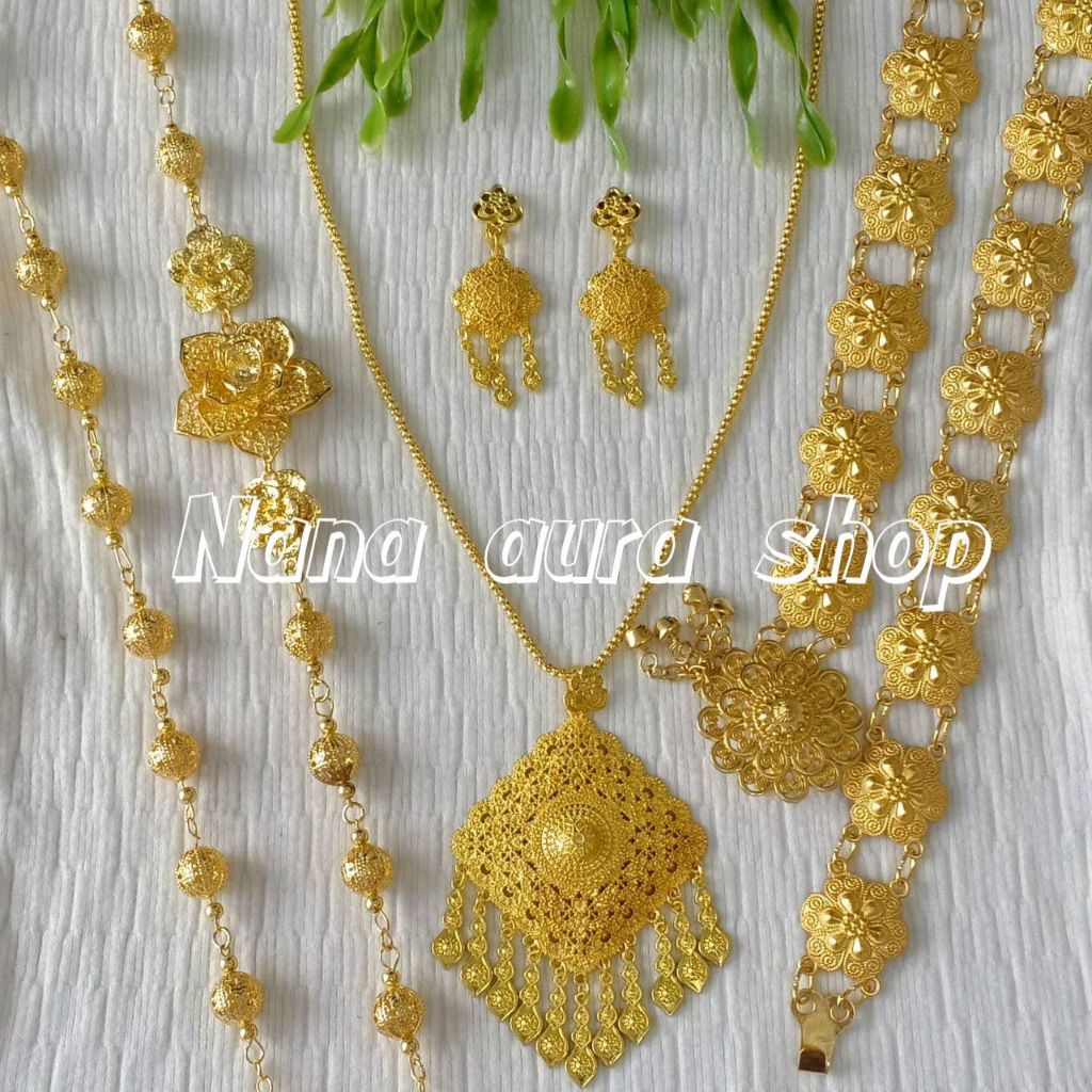 ชุดสร้อยคอสีทอง ต่างหูแบบหนีบ เครื่องประดับชุดไทย ชุดเซ็ท เข็มขัด กำไลข้อมือ รหัสNA646